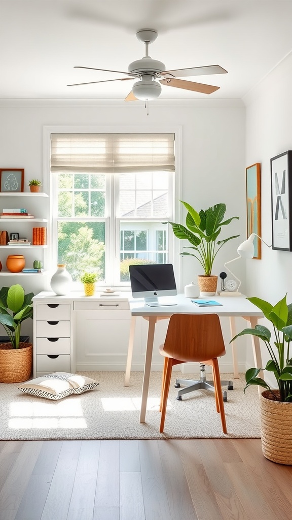 Bright and airy workspace with a white desk, wooden chair, and potted plants.