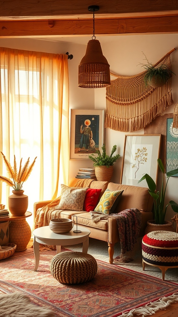 A cozy room featuring a bohemian style with sunset hues, showcasing a sofa, cushions, plants, and warm lighting.