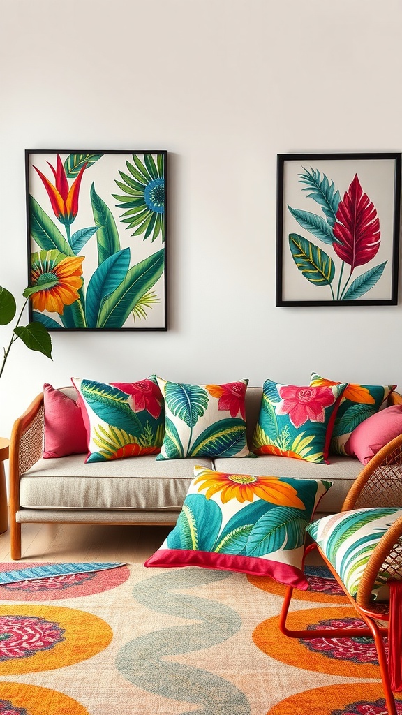 A cozy living room with a sofa covered in colorful tropical pillows, framed botanical art on the wall, and a vibrant patterned rug.