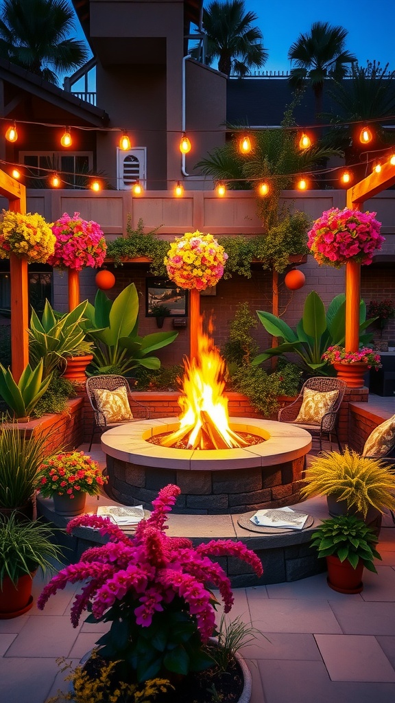 A cozy outdoor fire pit area surrounded by colorful flowers and plants, with string lights above.