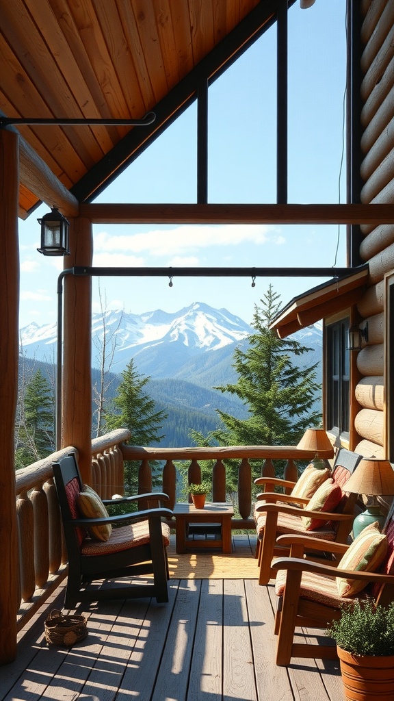 A cozy screened porch with wooden beams, overlooking a mountain view, featuring comfortable seating and rustic decor.