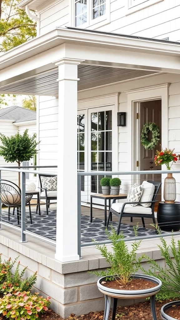 A modern front porch featuring aluminum railings, stylish furniture, and decorative plants.