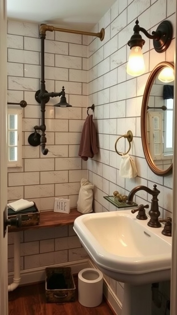 A cozy bathroom featuring antique fixtures, wooden shelves, and rustic design elements.