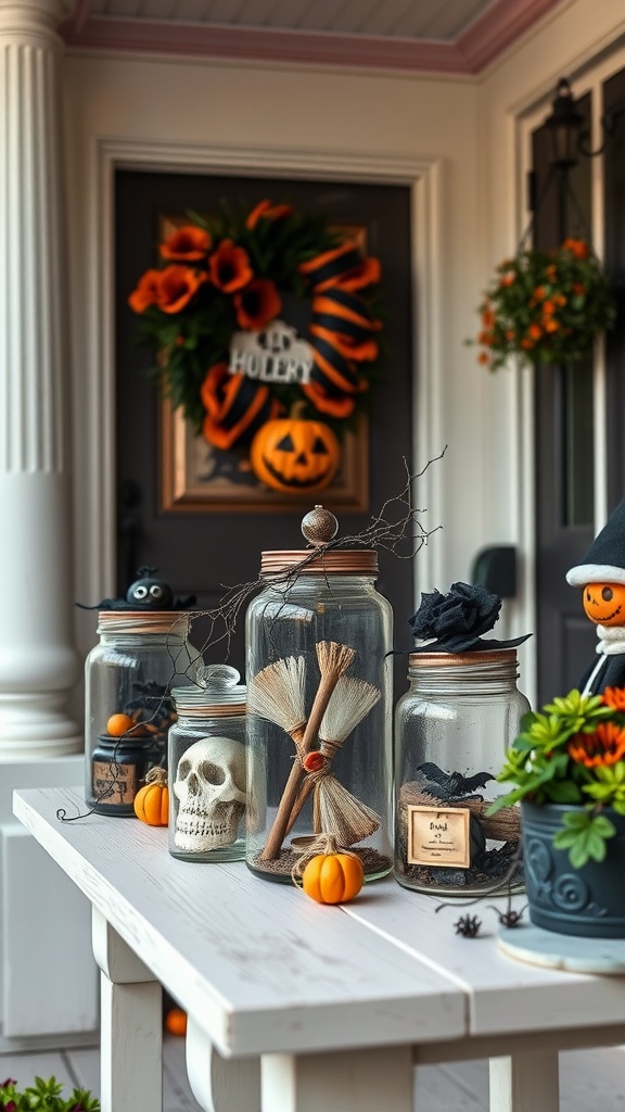 Decorated apothecary jars with spooky contents on a porch table for Halloween