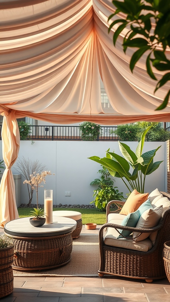 An artistic outdoor living room with a canopy, featuring cozy seating, a round table, and surrounding greenery.