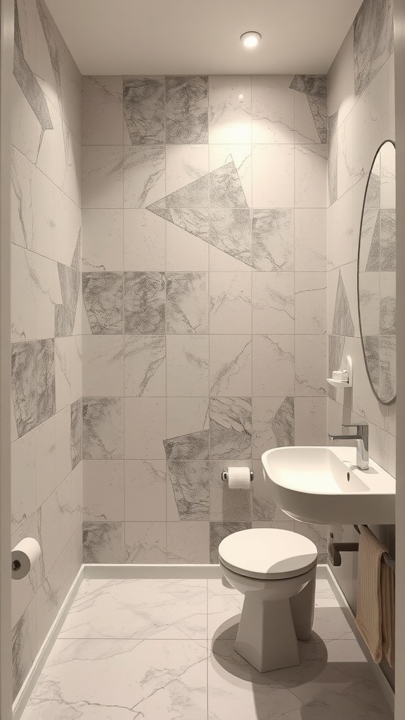 A modern bathroom featuring geometric patterned wall tiles and sleek fixtures