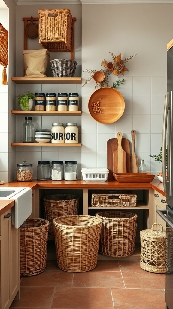 A cozy kitchen with bamboo storage solutions, featuring baskets and jars on open shelves.