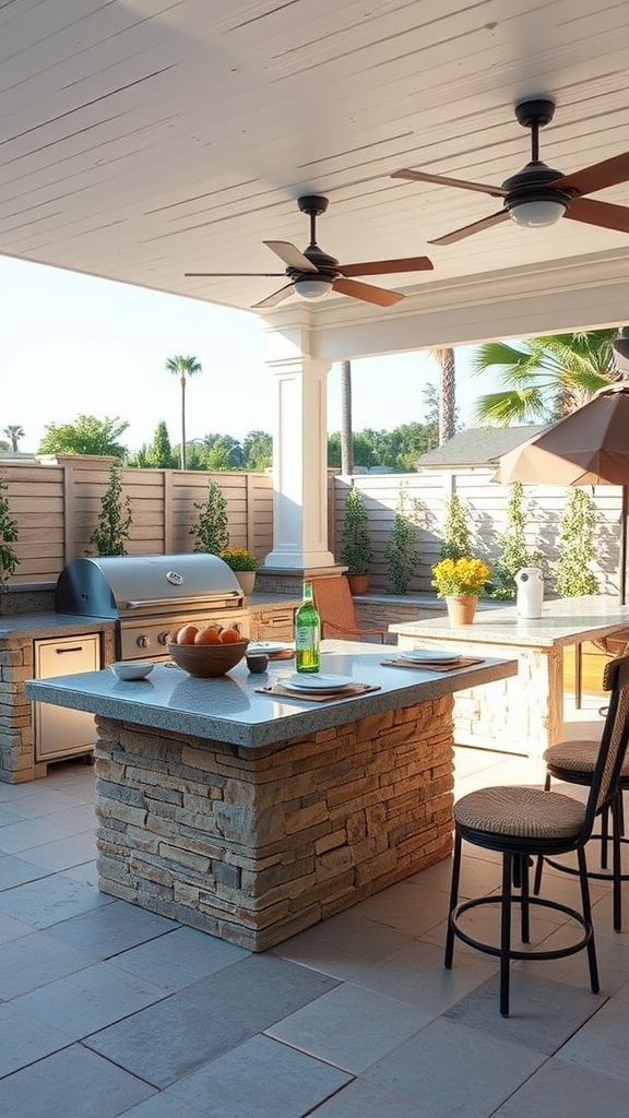 A beautiful outdoor barbecue island setup with a stone counter, grill, and bar seating.