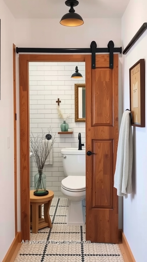 A rustic barn door leading into a small bathroom with modern tiles and fixtures.