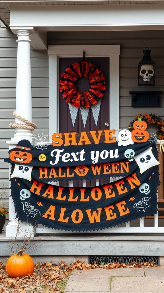A colorful Halloween banner with playful text and decorations, displayed on a front porch.
