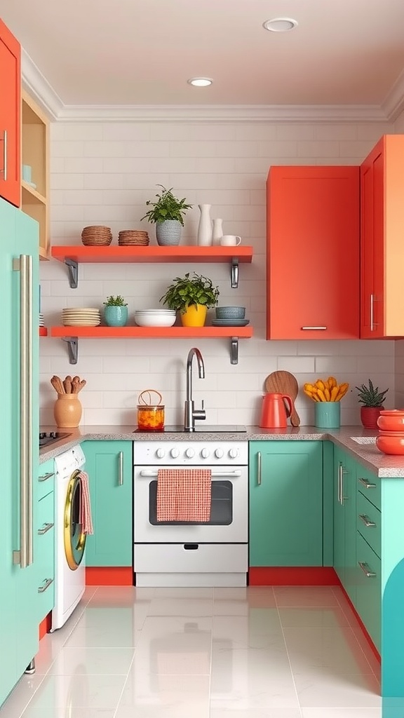 A modern kitchen featuring teal and coral cabinets with open shelves and colorful decorations.