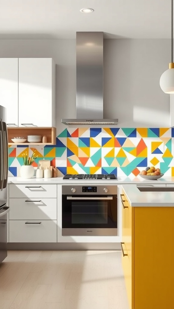 Bright geometric patterned backsplash in a modern kitchen