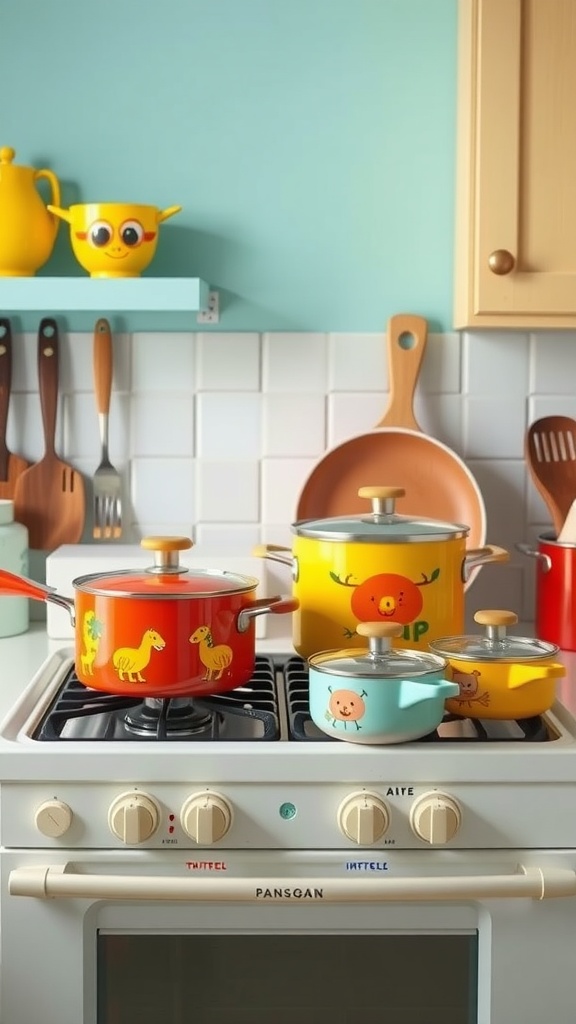 Colorful cookware with playful animal designs on a stove in a whimsical kitchen.