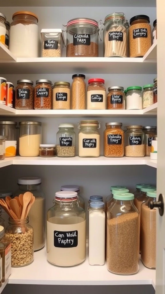 Organized wall pantry with jars labeled using chalkboard labels