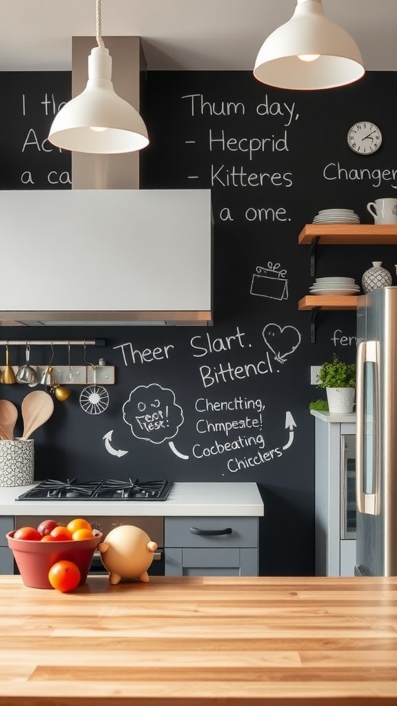 A modern kitchen featuring a chalkboard paint wall with handwritten notes and doodles.