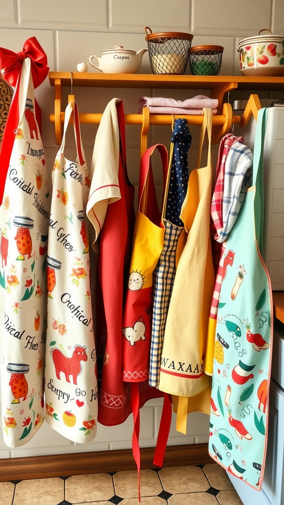 A collection of colorful aprons hanging on a wooden rack in a cozy kitchen.