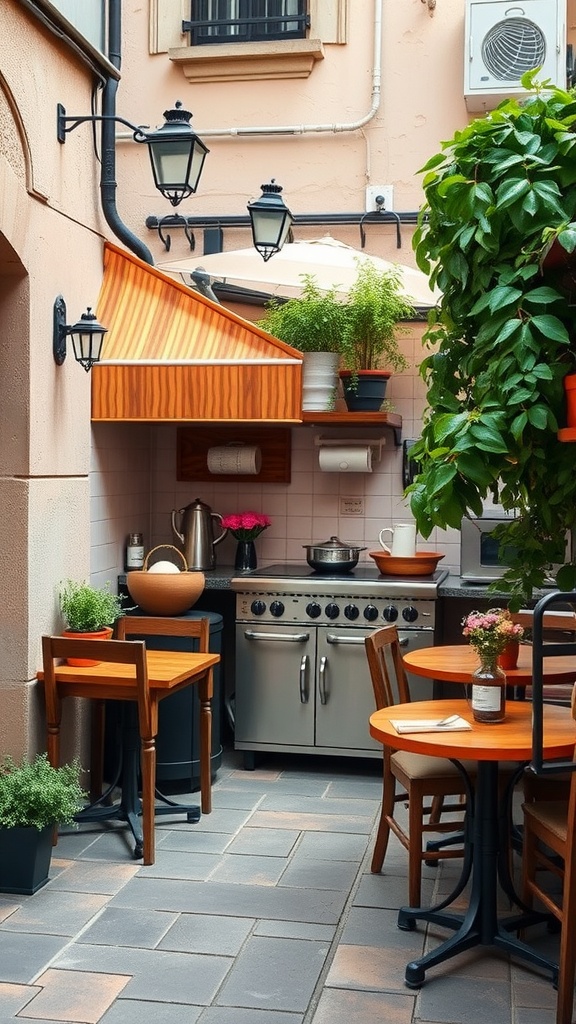 Charming outdoor kitchen patio with wooden tables, stainless steel appliances, and greenery.