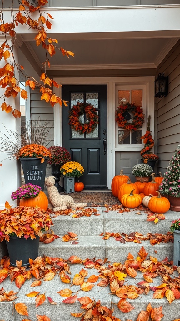 A charming fall-themed front porch decorated with pumpkins, colorful flowers, and autumn leaves.