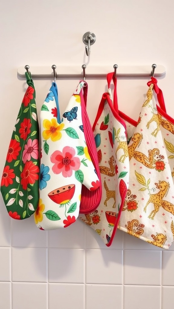A collection of colorful oven mitts and pot holders hanging on a wall, featuring floral and animal patterns.