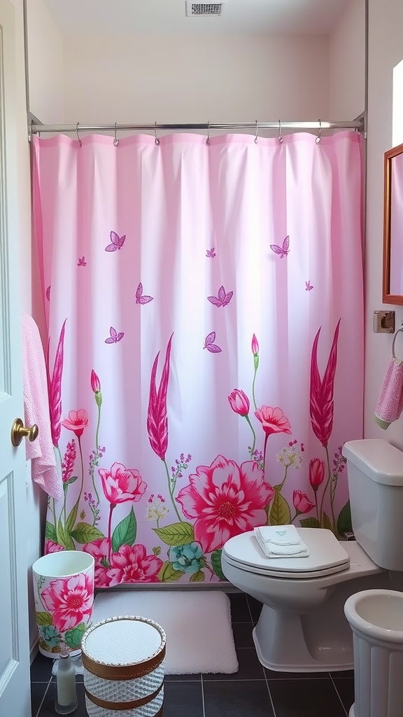 A charming pink floral shower curtain in a bathroom setting.