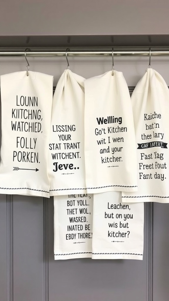 A collection of charming tea towels with quirky quotes hanging on a rod.