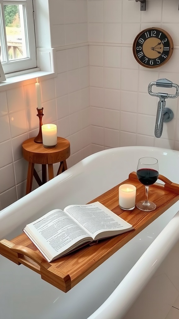 A wooden bathtub tray with a book, a glass of red wine, and candles on a white bathtub
