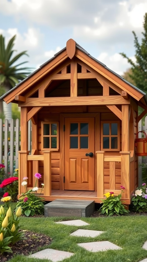 A charming wooden playhouse with a porch surrounded by flowers and a stone pathway.