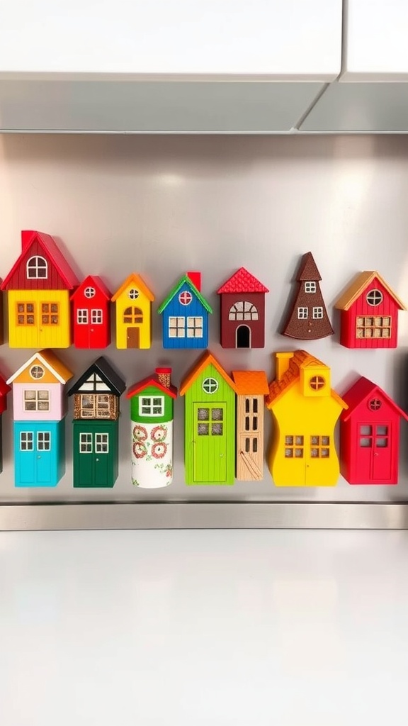 Colorful magnetic spice jars designed like little houses arranged on a kitchen surface