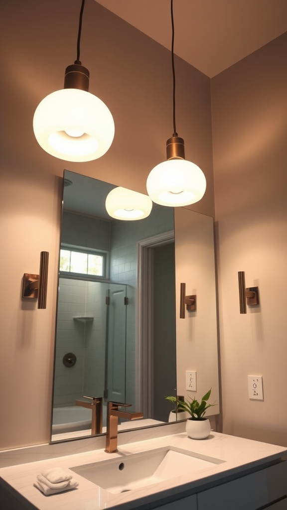 Stylish bathroom lighting with globe-shaped pendant lights above a sleek vanity
