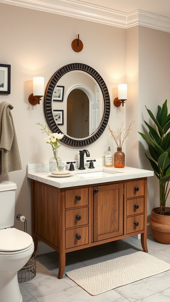 A chic bathroom vanity featuring a wooden cabinet, marble countertop, round mirror, and modern lighting fixtures.