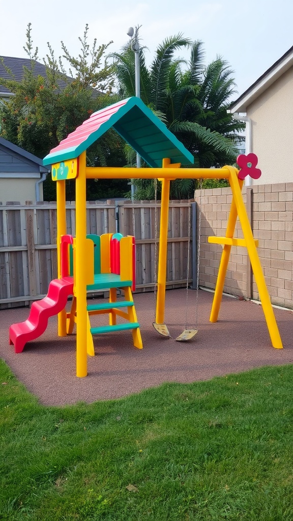 Colorful children's climbing frame with slide and swings in a backyard