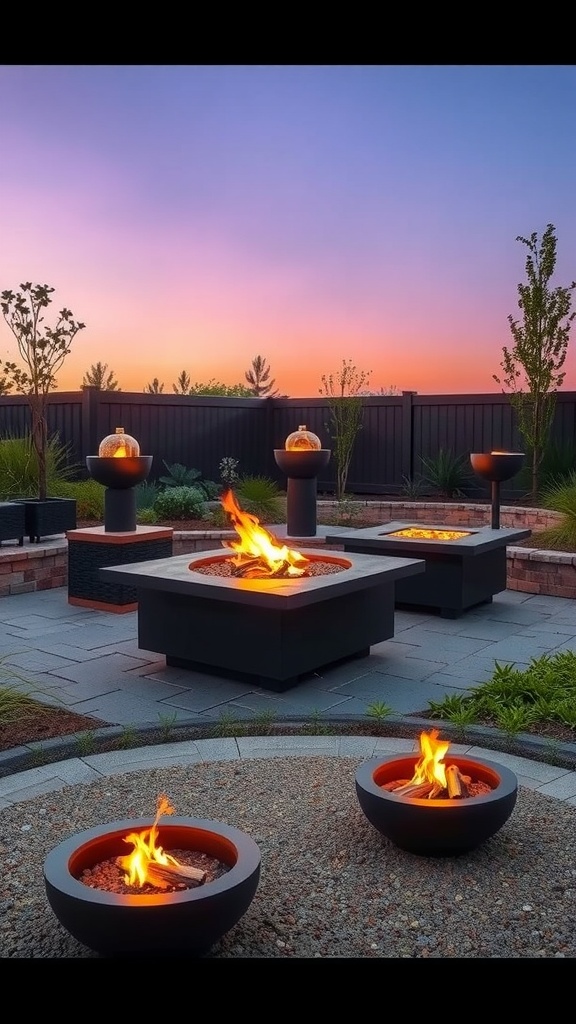 A modern outdoor fire pit setup with square and circular fire pits, surrounded by stone pavers and plants, under a colorful sky.