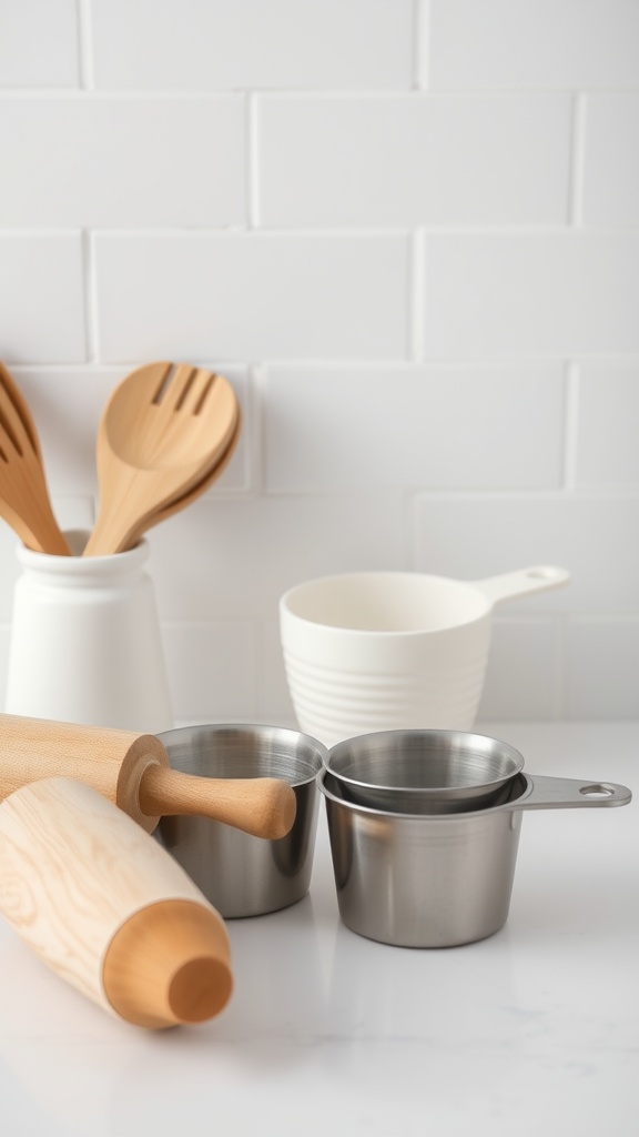 A collection of classic baking tools including a rolling pin, measuring cups, and mixing bowls set against a clean white background.