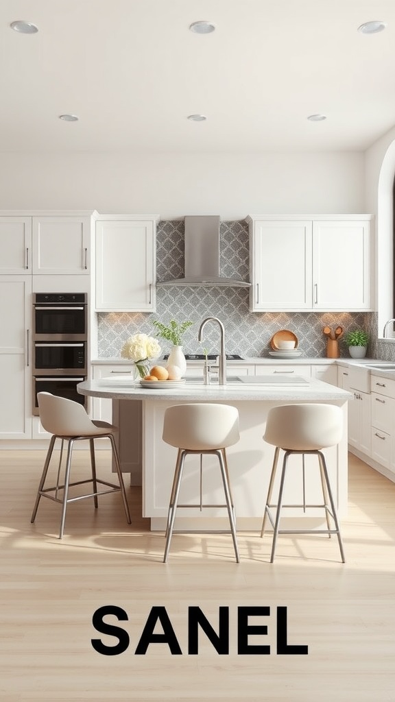 A bright, modern kitchen with a classic island design featuring bar stools and a stylish countertop.