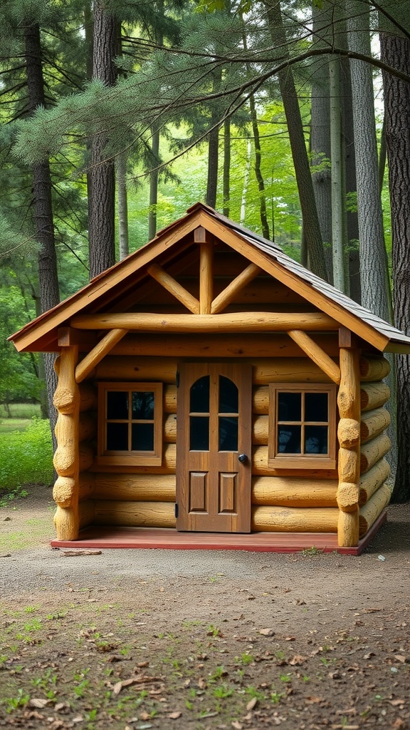 A classic log cabin style playhouse surrounded by trees, featuring a wooden structure with a sloped roof and windows.