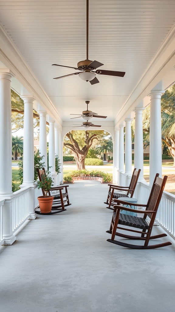 Classic Southern veranda with rocking chairs and ceiling fans