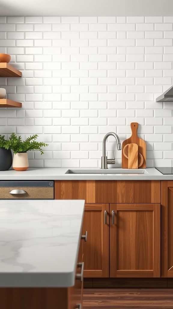 Kitchen featuring classic white subway tiles with wooden cabinets and open shelves.