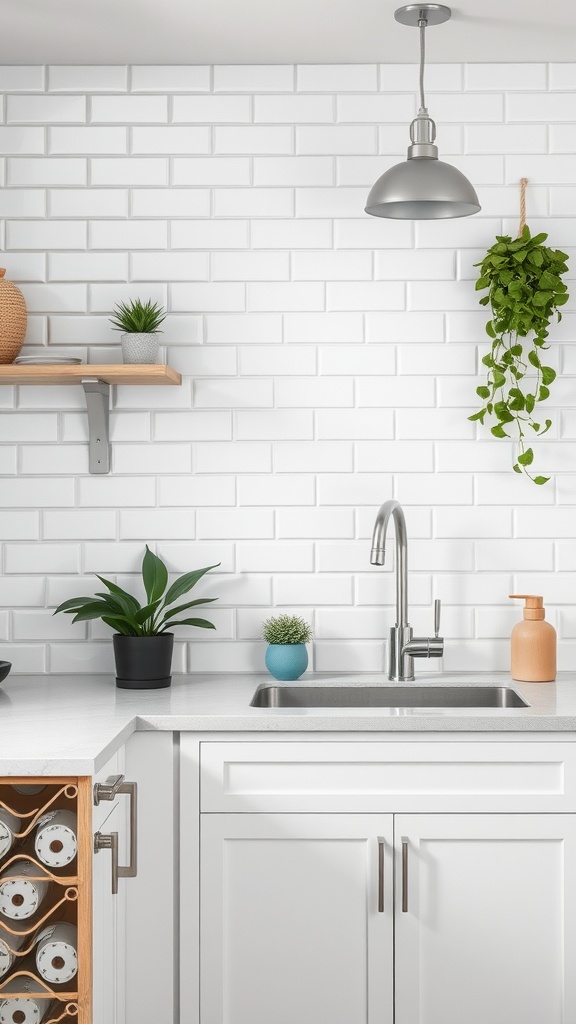 A kitchen featuring a classic white subway tile backsplash with modern fixtures and plants.