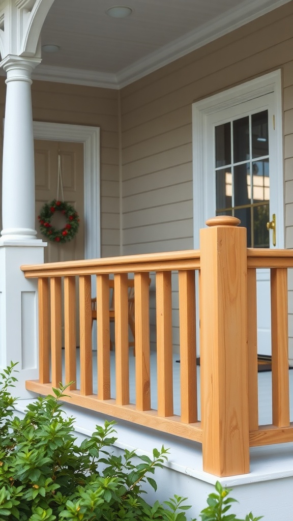 A classic wooden railing on a front porch with a cozy atmosphere.