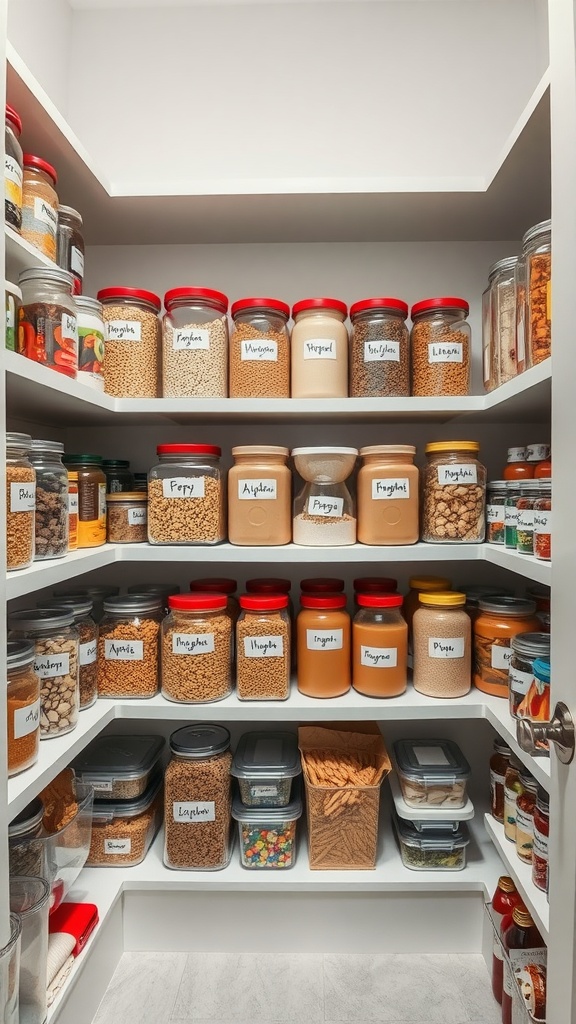 Organized pantry with clear containers and labels.