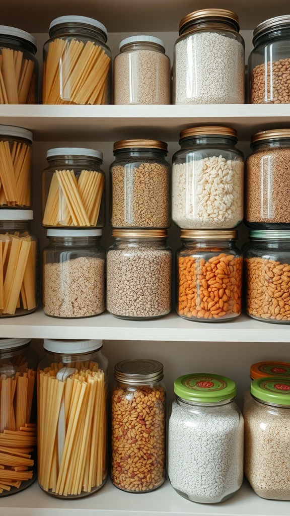 Organized pantry with clear glass jars filled with various dry goods.
