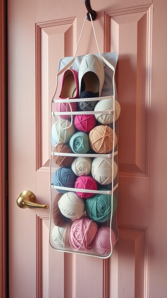 Clear shoe organizer hanging on a door, filled with colorful yarn balls and a pair of shoes