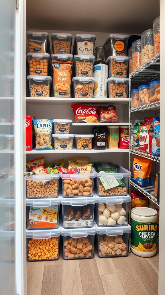 Organized pantry with clear storage bins displaying various snacks and ingredients.