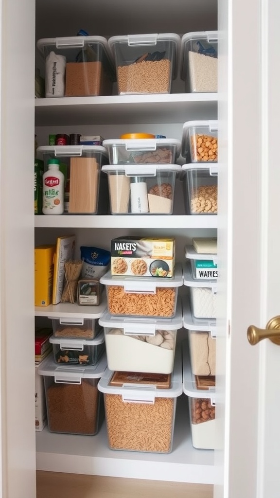 Small closet pantry filled with clear storage bins.