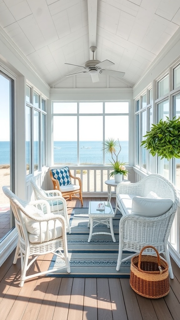 A bright and airy screened porch with white wicker furniture, ocean view, and a ceiling fan.