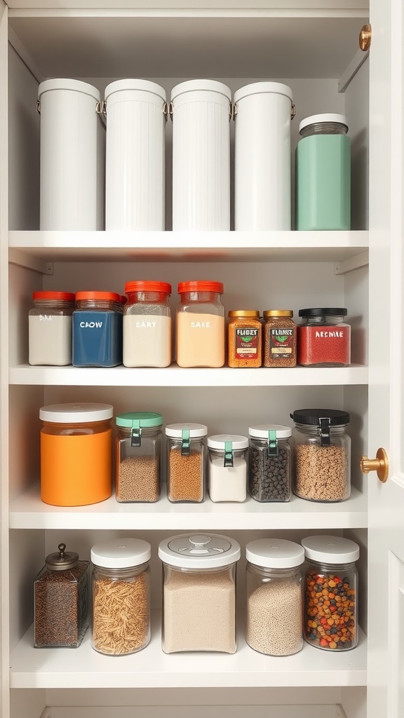 An organized pantry with color-coded canisters and jars arranged on shelves.