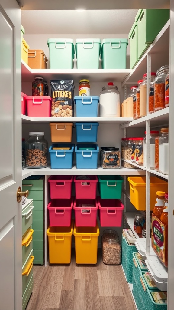 A color-coded pantry with various colored bins for organized storage.