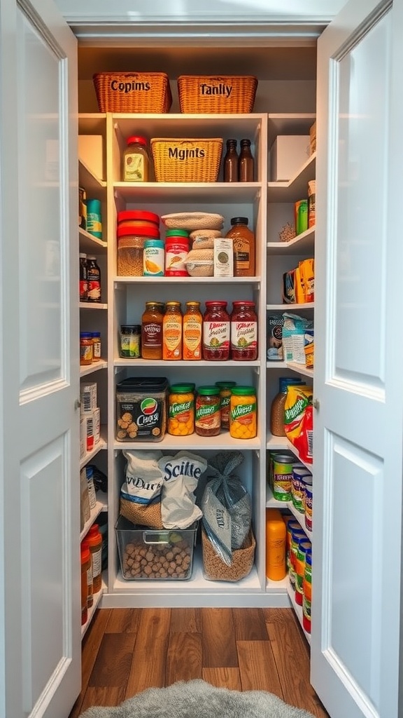Organized shallow pantry with color-coded containers and labeled baskets