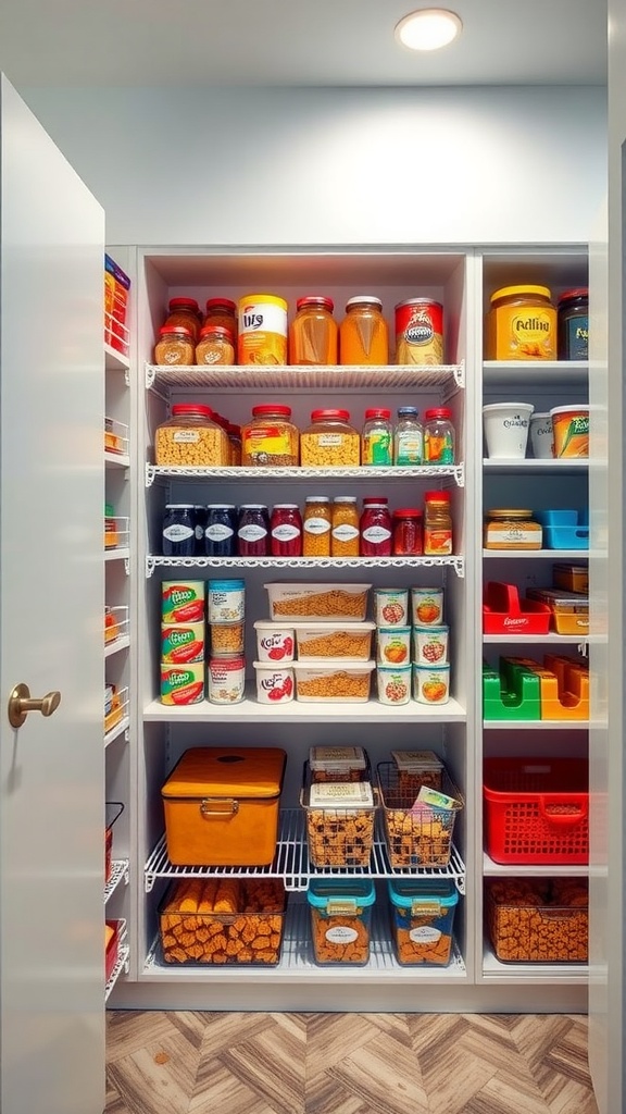 Color-coded pantry organization with labeled jars and baskets