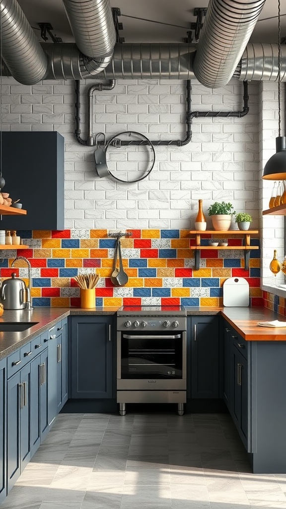 An industrial kitchen featuring a colorful tile backsplash in red, blue, and yellow, with dark cabinetry and metal accents.